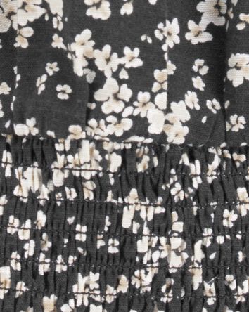 Kid Square Neck Linen Look-Alike Floral Top - Black, 