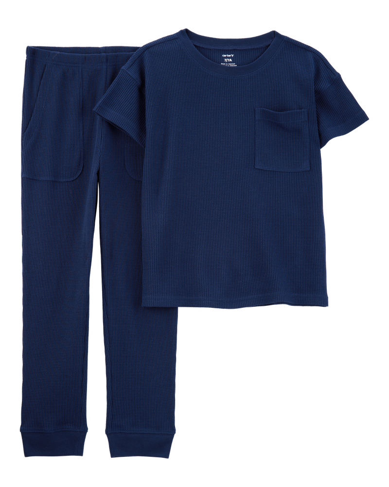 Boys Solid Loose Fit Waffle Knit 2-Piece Pajamas - Navy, image 1 of 3 slides