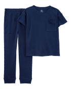 Boys Solid Loose Fit Waffle Knit 2-Piece Pajamas - Navy, image 1 of 3 slides