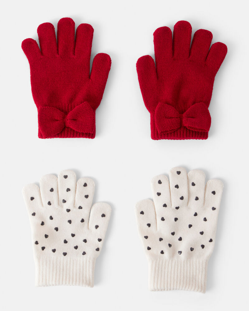 Girls 2-Pack Heart & Bow Winter Gloves - Red/Cream, image 1 of 2 slides