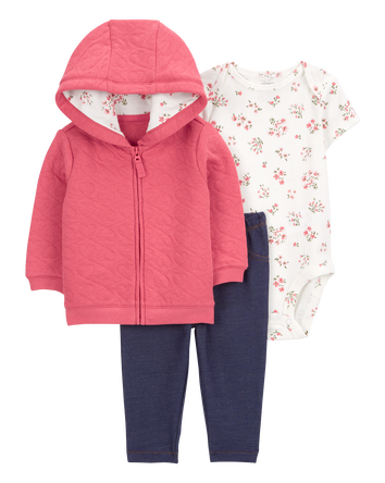 Baby 3-Piece Floral Hooded Cardigan Set, 