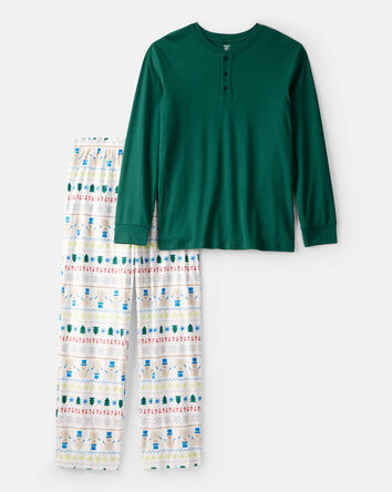 Adult Snowman Fair Isle Cotton Long-Sleeve Snug Fit 2-Piece Pajamas - Green/White, 