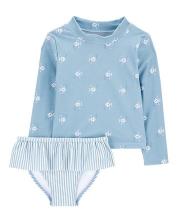 Baby Girl 2-Piece Shell Striped Long-Sleeve Rashguard Swim Set - Blue, 