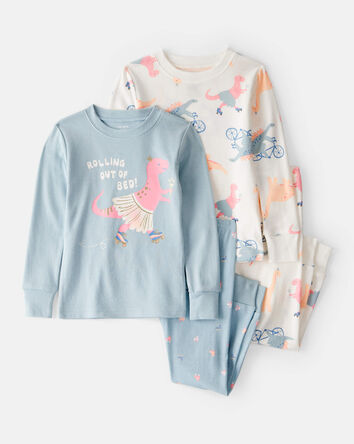Baby Girl Dinosaur Print 100% Cotton Long-Sleeve 4-Piece Pajamas - Blue/White, 