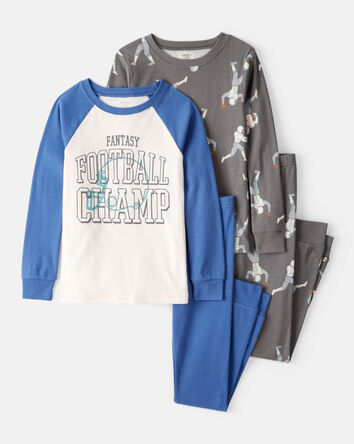 Boys Football Print 100% Cotton Long-Sleeve 4-Piece Pajamas - White/Blue, 