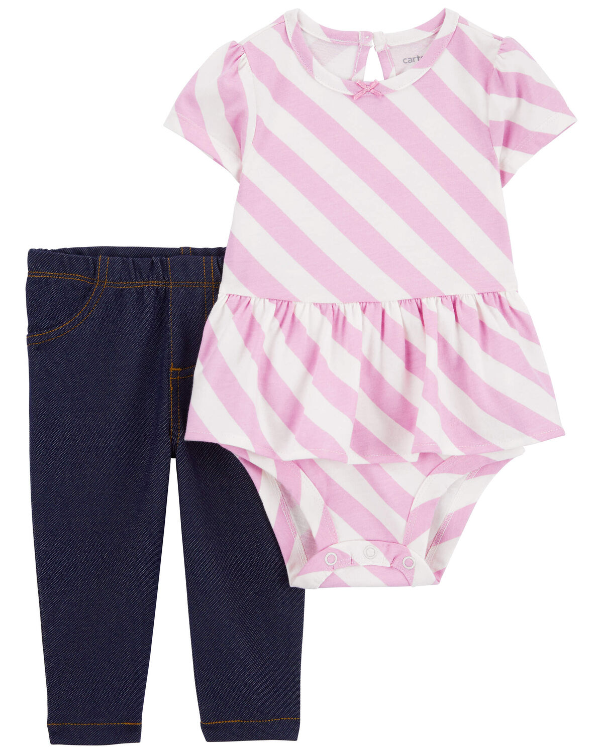 Pink/Navy Baby 2Piece Striped Peplum Bodysuit Pant Set