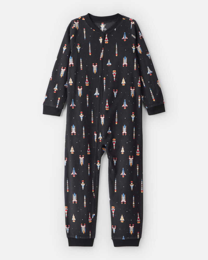 Boys Rocket Ship Print Fleece Long-Sleeve Loose Fit 1-Piece Pajamas - Black, image 1 of 3 slides