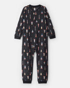 Boys Rocket Ship Print Fleece Long-Sleeve Loose Fit 1-Piece Pajamas - Black, image 1 of 3 slides