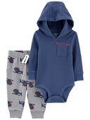 Navy/Heather - Baby 2-Piece Thermal Hooded Bodysuit Pant Set
