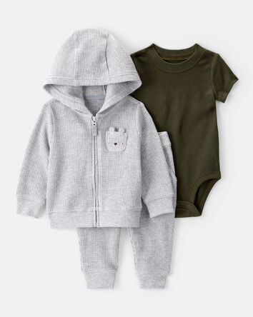 Baby 3-Piece Thermal Bear Little Cardigan Set - Grey/Black, 