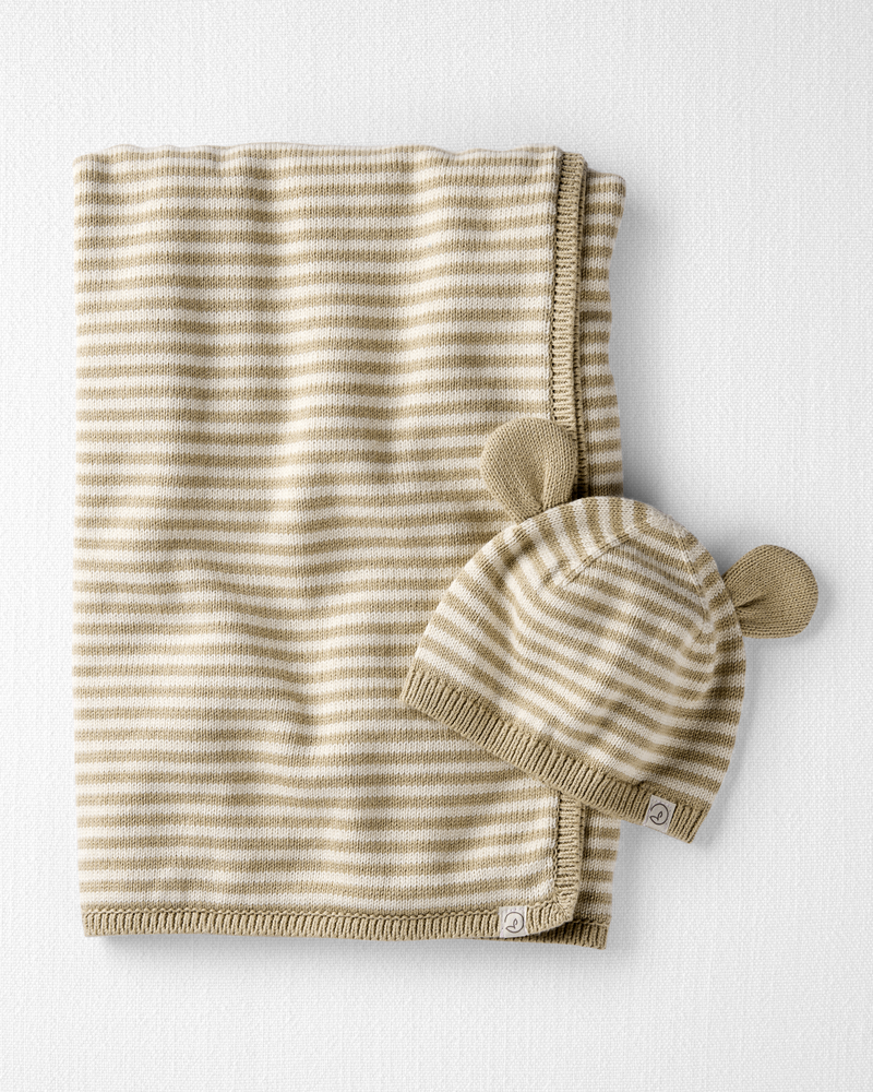 Baby Organic Cotton  Sweater Knit Blanket and Cap Gift Set, image 1 of 4 slides