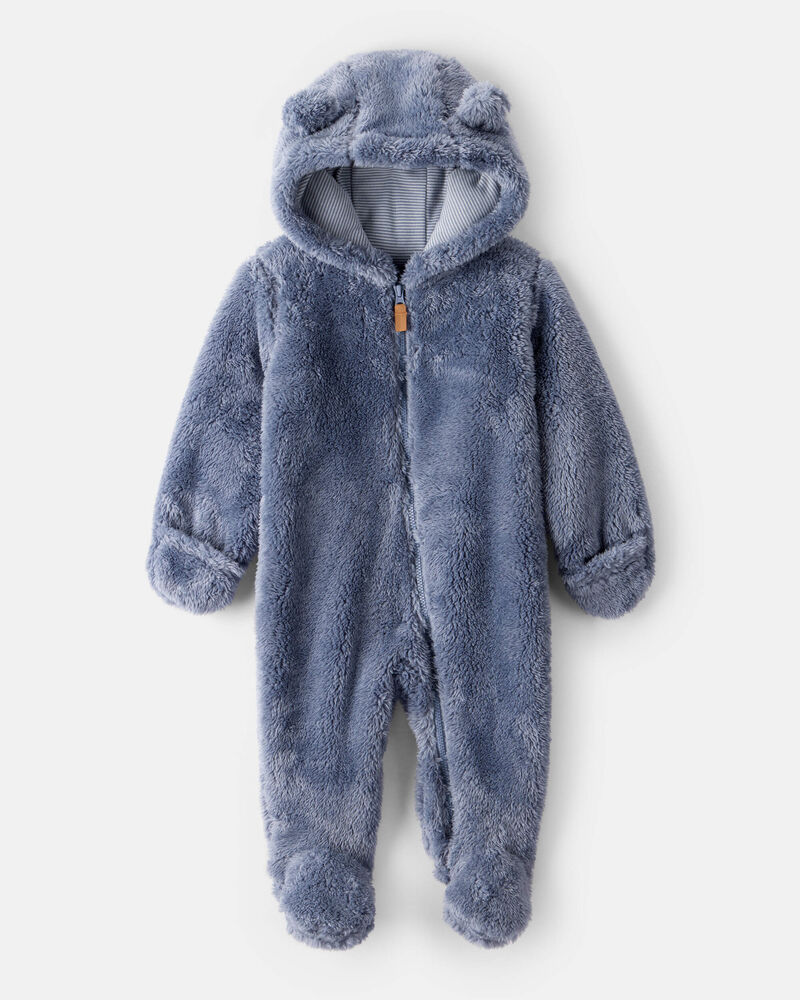 Baby Boy Sherpa Long-Sleeve Hooded Jumpsuit - Blue, image 1 of 4 slides