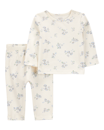 Baby 2-Piece Floral Long-Sleeve Tee & Pant Set - White/Blue, 