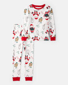 Kid Christmas Santa Print 100% Cotton Long-Sleeve Snug Fit 2-Piece Pajamas - White, image 1 of 3 slides