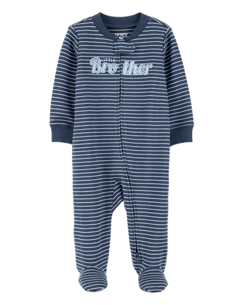 Baby Boy Striped Little Bro 2-Way Zip Cotton Sleep & Play Pajamas - Blue, 