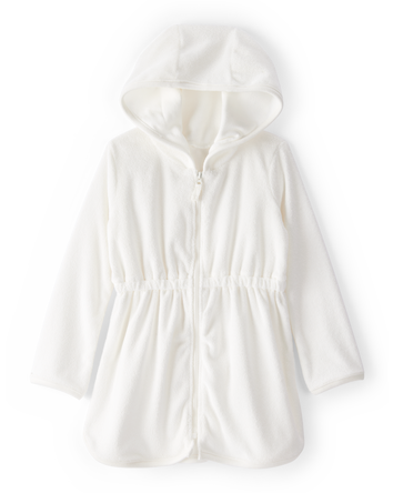 Toddler Girl Hooded Terry Cloth Swim Cover-Up Dress - White, 