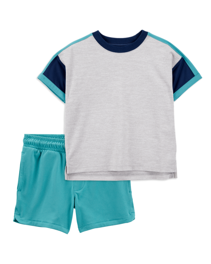 Toddler 2-Piece Active Raglan Tee & Pull-On Shorts Set - Grey/Teal, image 1 of 9 slides