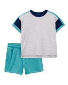 Toddler 2-Piece Active Raglan Tee & Pull-On Shorts Set - Grey/Teal, image 1 of 9 slides