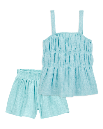 Kid 2-Piece Ruched Textured Tank & Pull-On Smocked Shorts Set - Blue, 