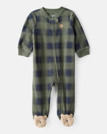 Baby Boy Bear Plaid Print Loose Fit Long-Sleeve Sleep & Play Pajamas - Green, 