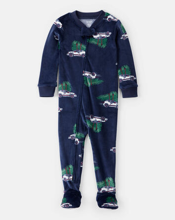 Baby Boy Car Print Velour Long-Sleeve Loose Fit 1-Piece Pajamas - Navy, 