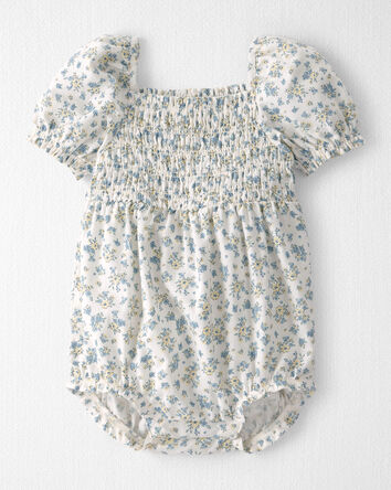 Baby Girl Smocked Romper Made with Organic Cotton in Spring Bloom, 