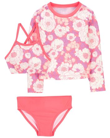 Toddler 3-Piece Floral Print Rashguard Swimsuit Set, 