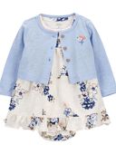 Ivory/Blue - Baby 2-Piece Bodysuit Dress & Cardigan Set
