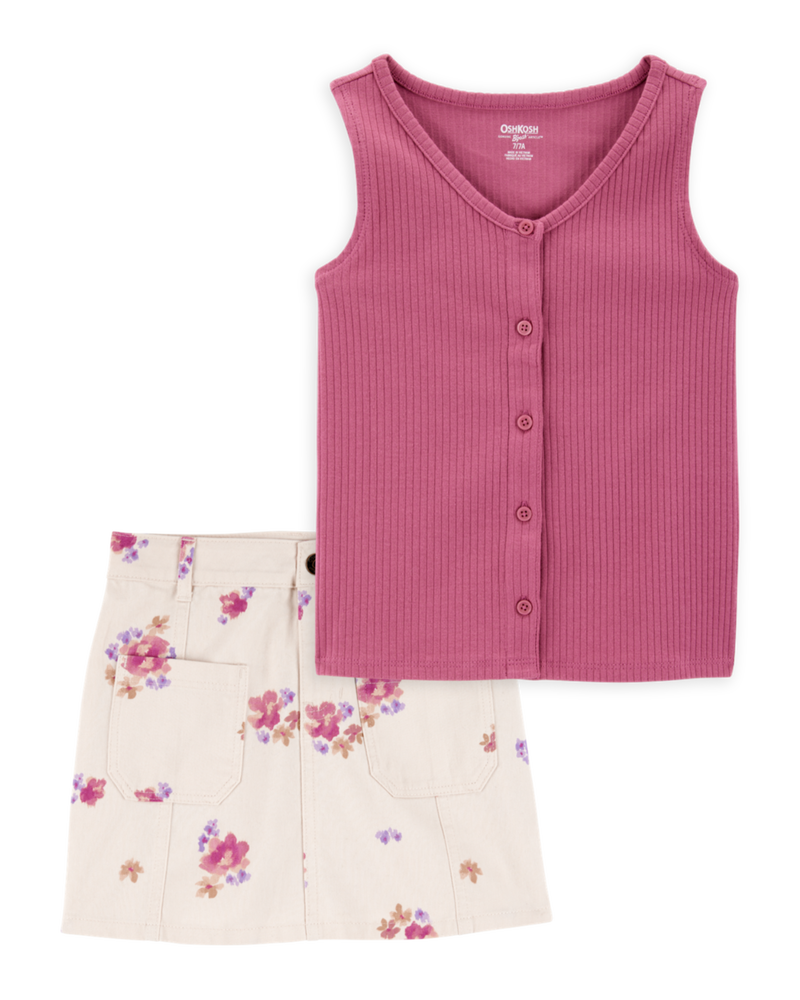 Kid 2-Piece Ribbed Button-Down Tank Top & Floral Twill Skirt Set - Pink/Ivory, image 1 of 5 slides