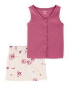 Kid 2-Piece Ribbed Button-Down Tank Top & Floral Twill Skirt Set - Pink/Ivory, image 1 of 5 slides