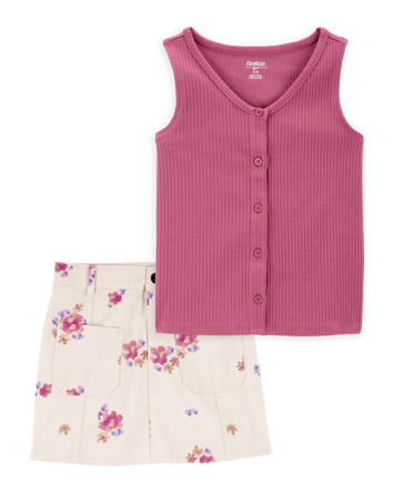 Kid 2-Piece Ribbed Button-Down Tank Top & Floral Twill Skirt Set - Pink/Ivory, 