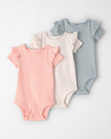 Baby Girl 3-Pack Organic Cotton Flutter Bodysuits in Stripes, 