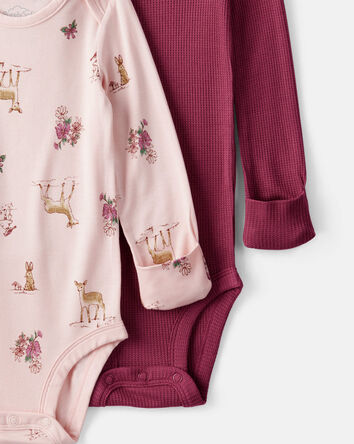 Baby Girl 2-Pack Deer & Floral Print PurelySoft Long-Sleeve Multipack Bodysuits - Burgundy/Pink, 