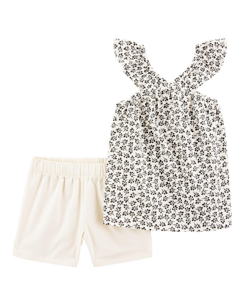 Kid 2-Piece Floral Tank & Pull-On Short Set - Black/White, image 1 of 3 slides