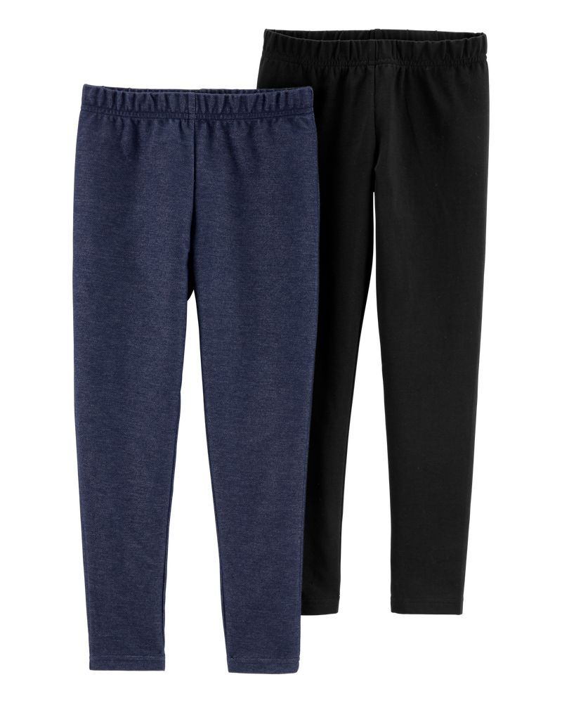Kid 2-Pack Black & Navy Cotton Stretch Leggings, image 1 of 4 slides