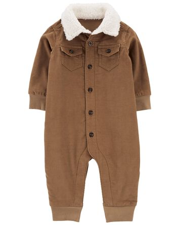 Baby Button-Front Corduroy Jumpsuit with Sherpa Collar, 