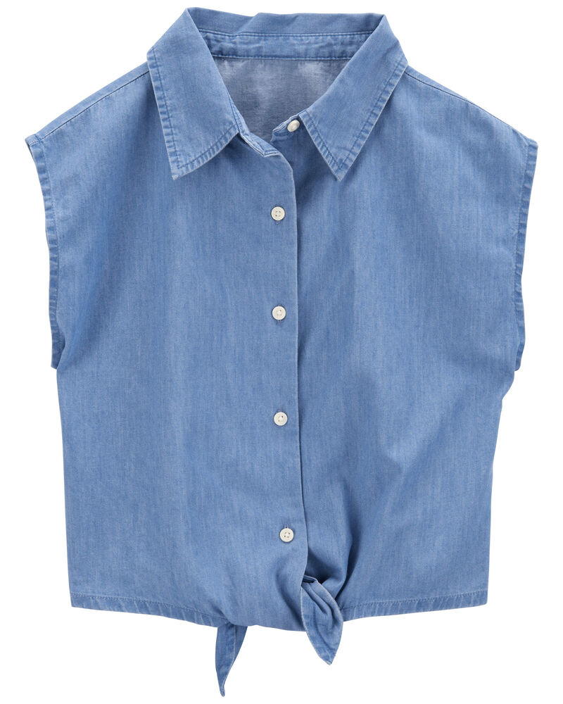 Kid Button-Up Tie-Front Chambray Top, image 1 of 3 slides
