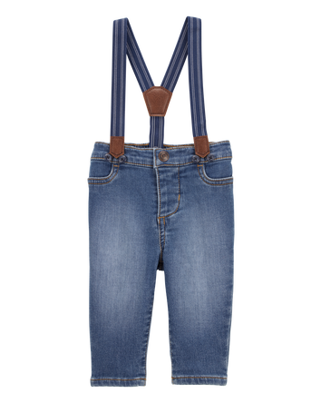 Baby Knit-Denim Suspender Pants - Blue, 