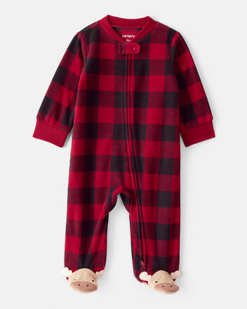 Baby Plaid Print Reindeer Christmas Loose Fit Long-Sleeve Sleep & Play Pajamas - Red, 