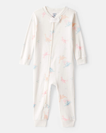 Toddler Girl Dinosaur Print 100% Cotton Long-Sleeve 2-Way Zip 1-Piece Pajamas - White, 