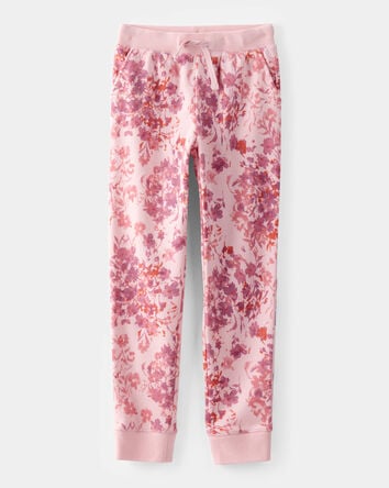 Girls Floral Fleece Drawstring Joggers - Pink, 