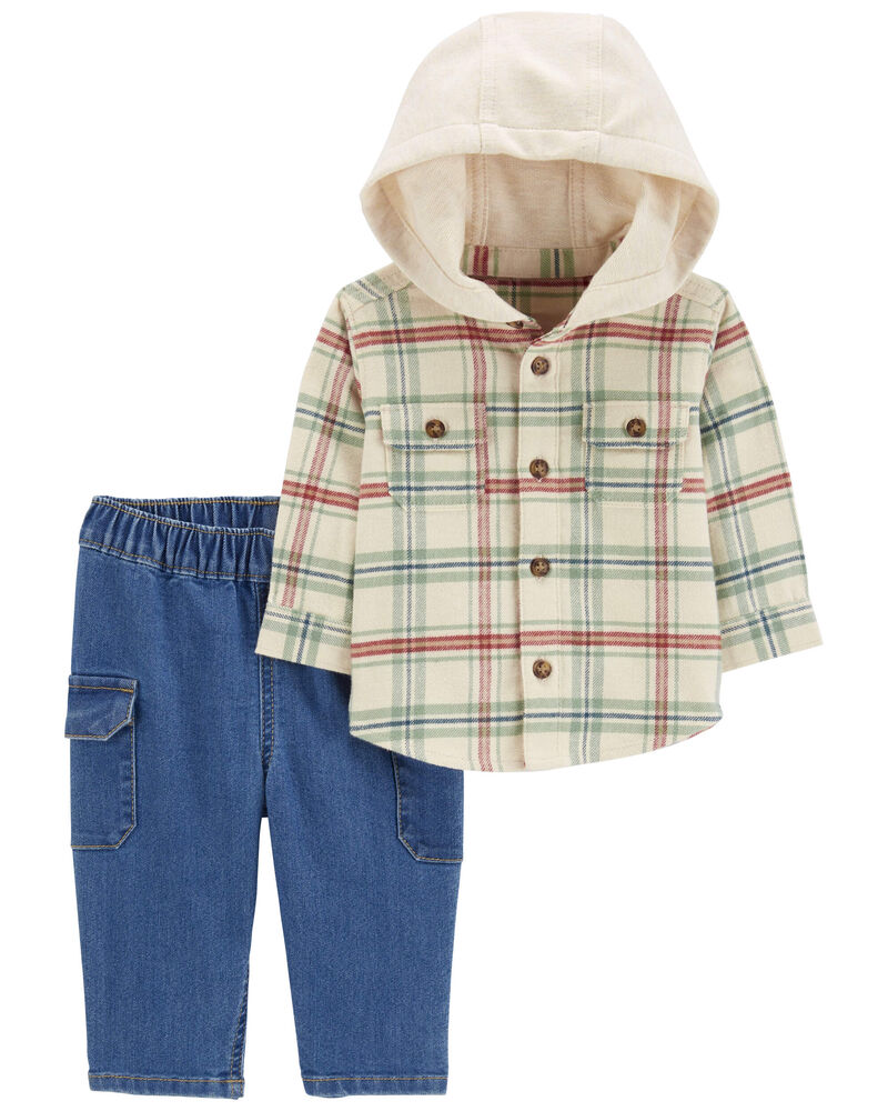 Baby 2-Piece Plaid Hooded Shirt & Pull-On Pant Set, image 1 of 5 slides