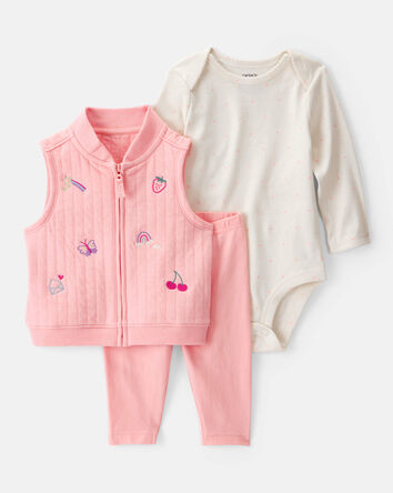 Baby 3-Piece Fruit Embroidered Little Vest Set - Pink/Ivory, 