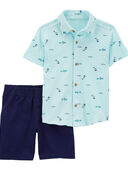 Blue - Toddler 2-Piece Fish Button-Front Shirt & Short Set