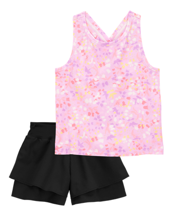 Kid 2-Piece Floral Active Racerback Tank & Flowy Layered Flip Short Set - Pink/Black, 