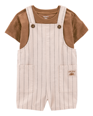 Baby 2-Piece Short-Sleeve Tee & Striped Shortall Set - Brown, 