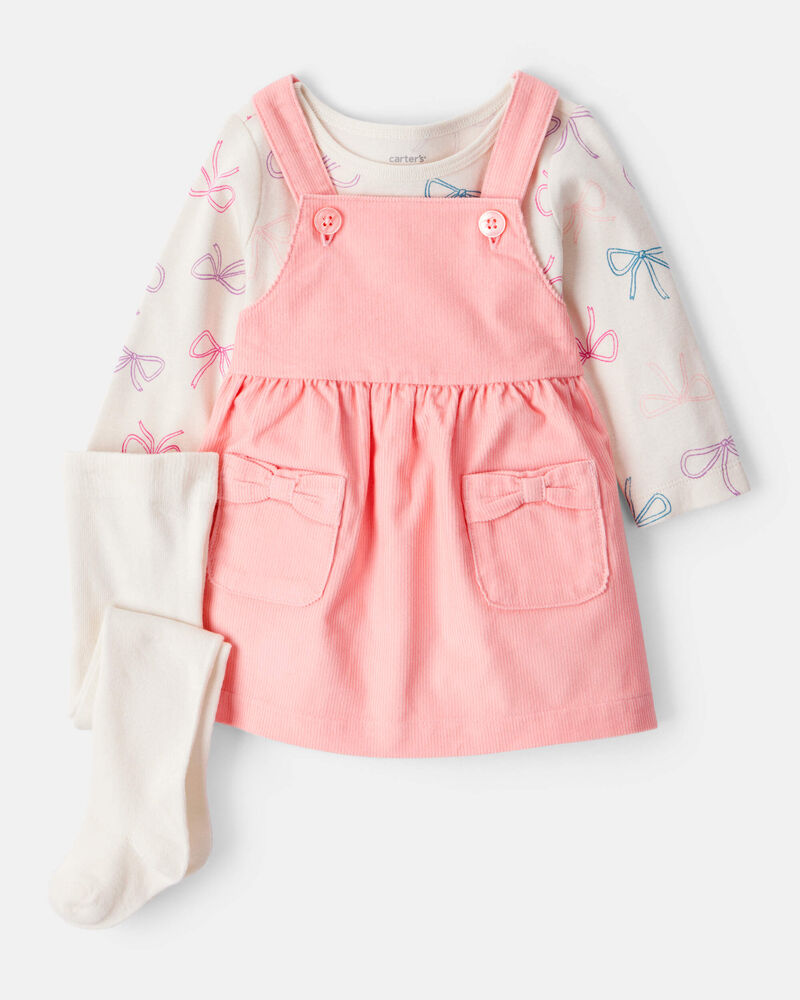 Baby Girl 3-Piece Bow Heart Print Long-Sleeve Dress Set , image 1 of 6 slides