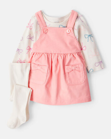 Baby Girl 3-Piece Bow Heart Print Long-Sleeve Dress Set , 