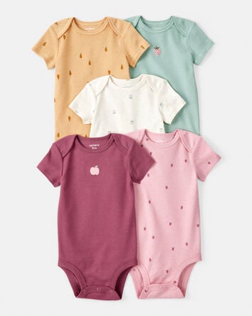 Baby Girl 5-Pack Fruit Print Cotton Multipack Bodysuits - Yellow/Green/Pink/Red/White, 