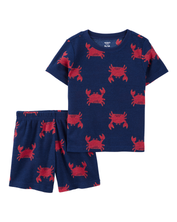 Toddler Boy Crab Print Loose Fit Waffle Knit 2-Piece Pajamas - Navy, 